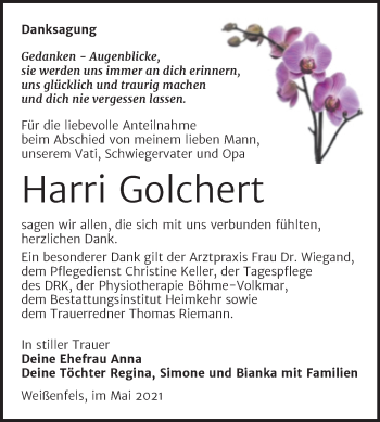Traueranzeige von Harri Golchert von Trauerkombi Weißenfels