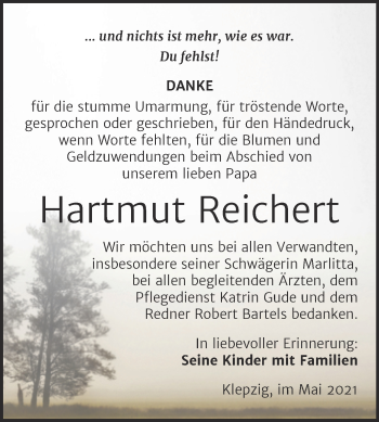 Traueranzeige von Hartmut Reichert von Trauerkombi Köthen