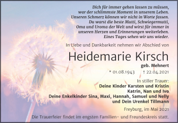 Traueranzeige von Heidemarie Kirsch von Wochenspiegel Naumburg/Nebra