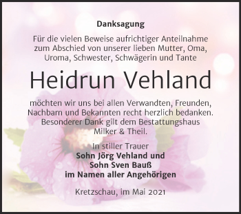 Traueranzeige von Heidrun Vehland von Trauerkombi Zeitz