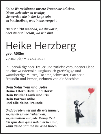 Traueranzeige von Heike Herzberg von Trauerkombi Bitterfeld