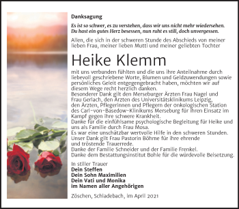 Traueranzeige von Heike Klemm von Trauerkombi Merseburg