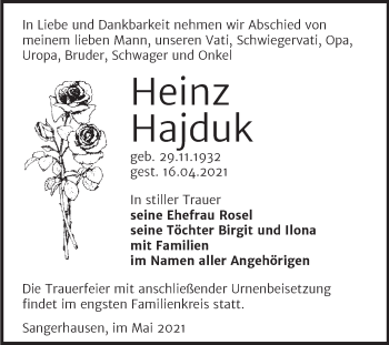 Traueranzeige von Heinz Hajduk von Trauerkombi Sangerhausen