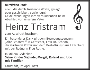 Traueranzeige von Heinz Tristram von Trauerkombi Merseburg