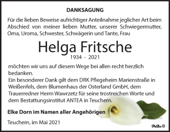Traueranzeige von Helga Fritsche von Trauerkombi Weißenfels