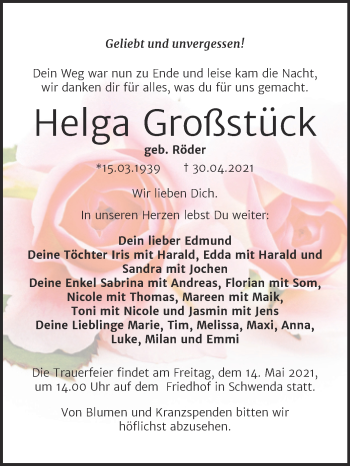 Traueranzeige von Helga Großstück von Trauerkombi Sangerhausen