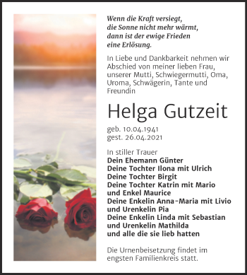 Traueranzeige von Helga Gutzeit von Trauerkombi Wittenberg