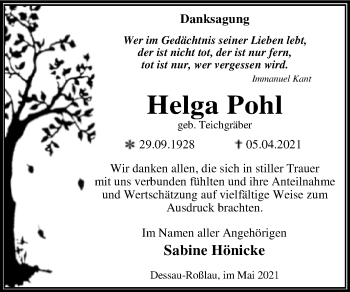 Traueranzeige von Helga Pohl von Trauerkombi Dessau