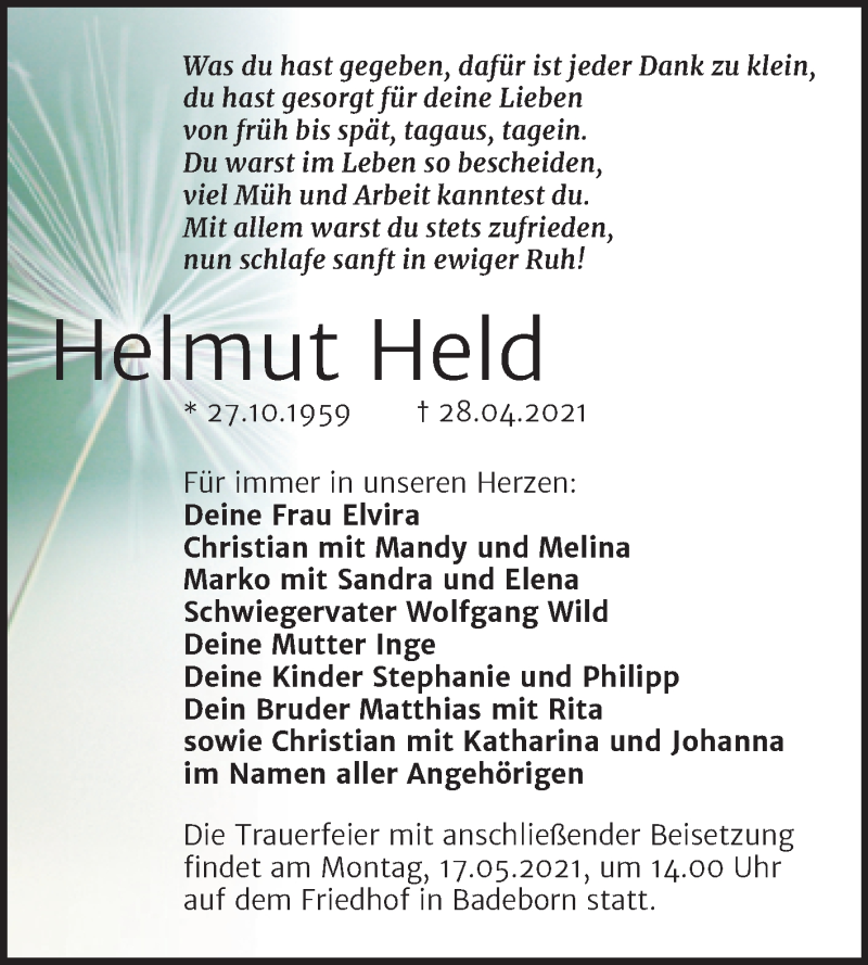  Traueranzeige für Helmut Held vom 08.05.2021 aus Trauerkombi Quedlinburg