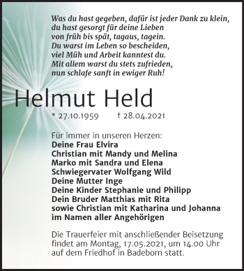Traueranzeige von Helmut Held von Trauerkombi Quedlinburg
