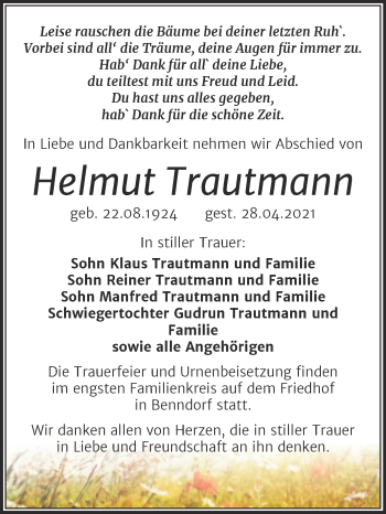 Traueranzeige von Helmut Trautmann von Trauerkombi Mansfelder Land