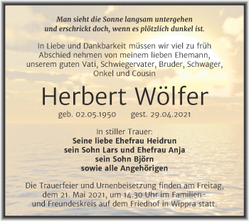 Traueranzeige von Herbert Wölfer von Trauerkombi Mansfelder Land