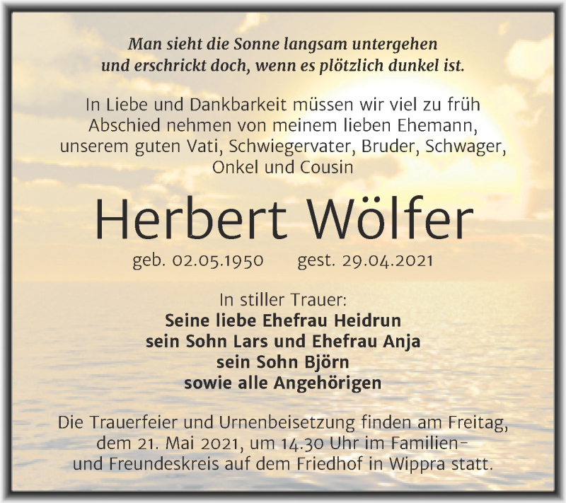  Traueranzeige für Herbert Wölfer vom 08.05.2021 aus Trauerkombi Mansfelder Land