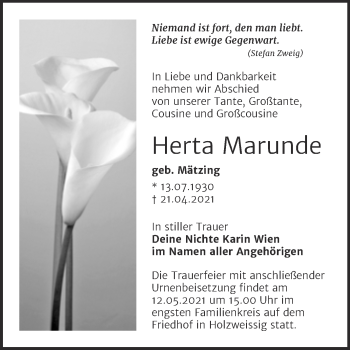 Traueranzeige von Herta Marunde von Trauerkombi Bitterfeld