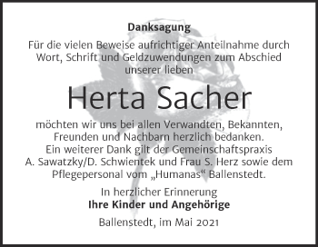 Traueranzeige von Herta Sacher von Trauerkombi Quedlinburg