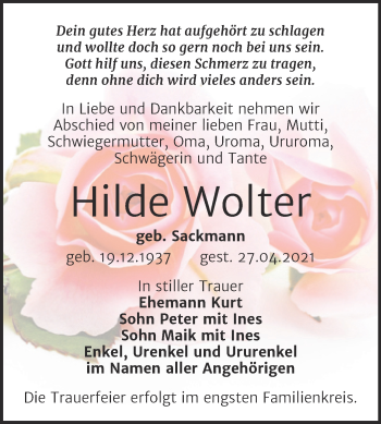 Traueranzeige von Hilde Wolter von Trauerkombi Bernburg