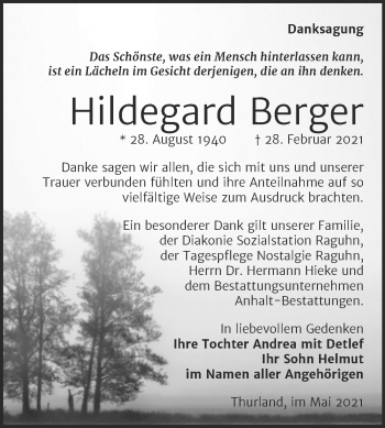 Traueranzeige von Hildegard Berger von Trauerkombi Bitterfeld