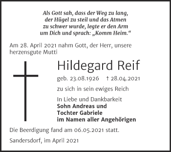 Traueranzeige von Hildegard Reif von Mitteldeutsche Zeitung