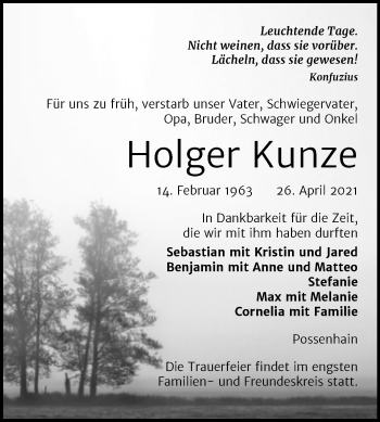 Traueranzeige von Holger Kunze von Wochenspiegel Naumburg/Nebra