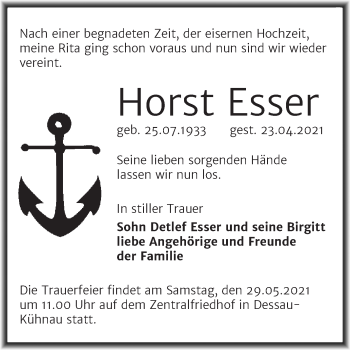 Traueranzeige von Horst Esser von Trauerkombi Dessau