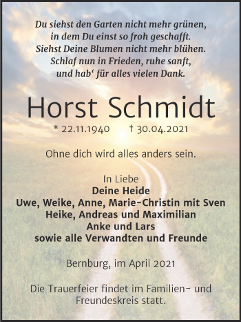 Traueranzeige von Horst Schmidt von Trauerkombi Bernburg