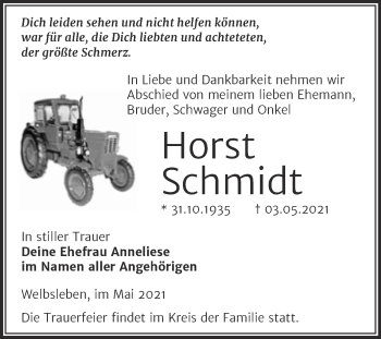 Traueranzeige von Horst Schmidt von Trauerkombi Mansfelder Land