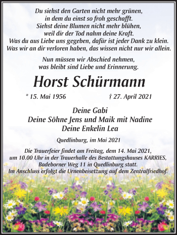 Traueranzeige von Horst Schürmann von Trauerkombi Quedlinburg