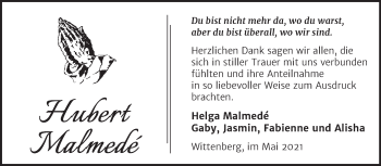 Traueranzeige von Hubert Malmedé von Trauerkombi Wittenberg