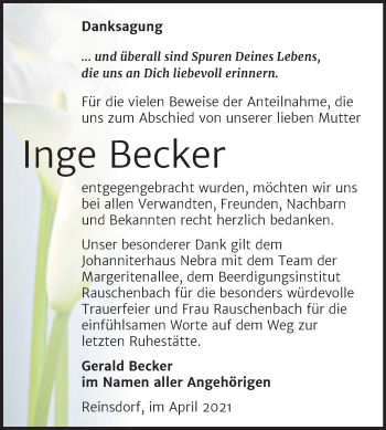 Traueranzeige von Inge Becker von Wochenspiegel Naumburg/Nebra