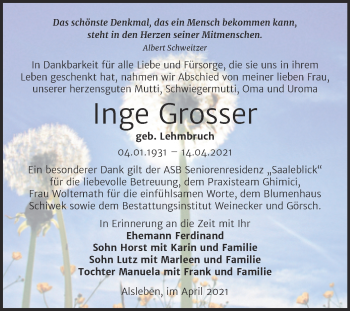Traueranzeige von Inge Grosser von Trauerkombi Bernburg