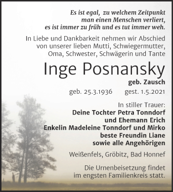 Traueranzeige von Inge Posnansky von Trauerkombi Weißenfels