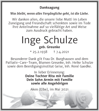 Traueranzeige von Inge Schulze von Trauerkombi Köthen
