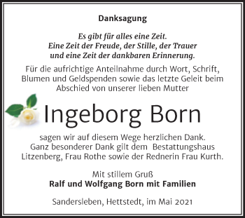 Traueranzeige von Ingeborg Born von Trauerkombi Mansfelder Land