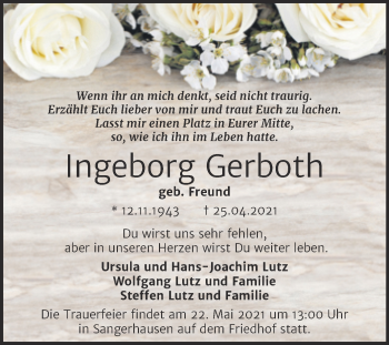 Traueranzeige von Ingeborg Gerboth von Trauerkombi Sangerhausen