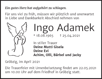 Traueranzeige von Ingo Adamek von Trauerkombi Köthen