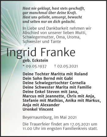 Traueranzeige von Ingrid Franke von Trauerkombi Sangerhausen