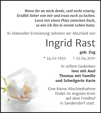 Traueranzeige von Ingrid Rast von Trauerkombi Bitterfeld