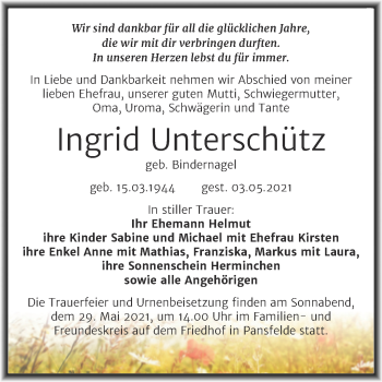 Traueranzeige von Ingrid Unterschütz von Trauerkombi Mansfelder Land