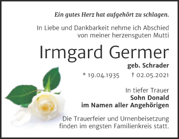Traueranzeige von Irmgard Germer von Trauerkombi Bernburg