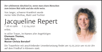 Traueranzeige von Jacqueline Repert von Trauerkombi Bernburg