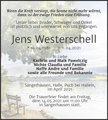 Traueranzeige von Jens Westerschell von Trauerkombi Sangerhausen