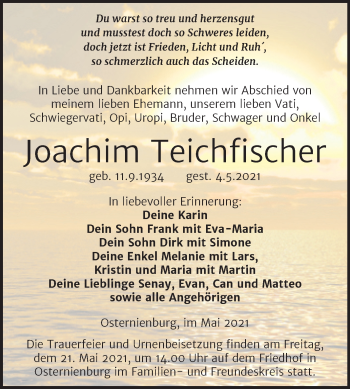 Traueranzeige von Joachim Teichfischer von Trauerkombi Köthen
