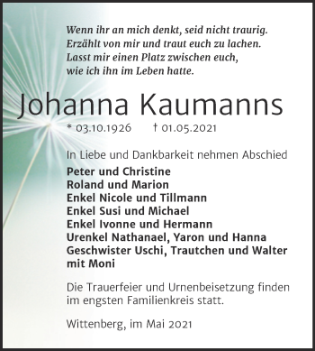 Traueranzeige von Johanna Kaumanns von Trauerkombi Wittenberg