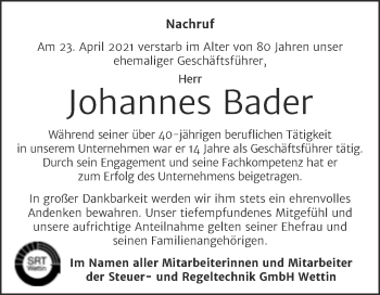 Traueranzeige von Johannes Bader von Mitteldeutsche Zeitung Halle/Saalkreis