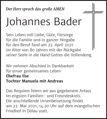 Traueranzeige von Johannes Bader von Mitteldeutsche Zeitung Halle/Saalkreis