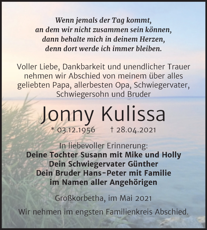  Traueranzeige für Jonny Kulissa vom 08.05.2021 aus Trauerkombi Weißenfels