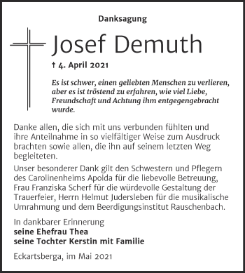 Traueranzeige von Josef Demuth von Naumburger Tageblatt