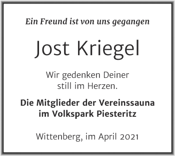 Traueranzeige von Jost Kriegel von Trauerkombi Wittenberg