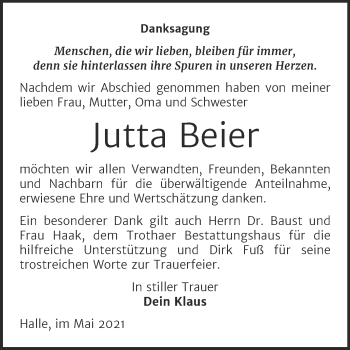 Traueranzeige von Jutta Beier von Mitteldeutsche Zeitung Halle/Saalkreis