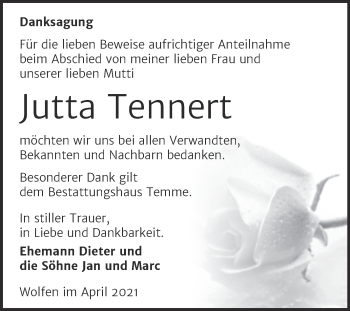 Traueranzeige von Jutta Tennert von Trauerkombi Bitterfeld